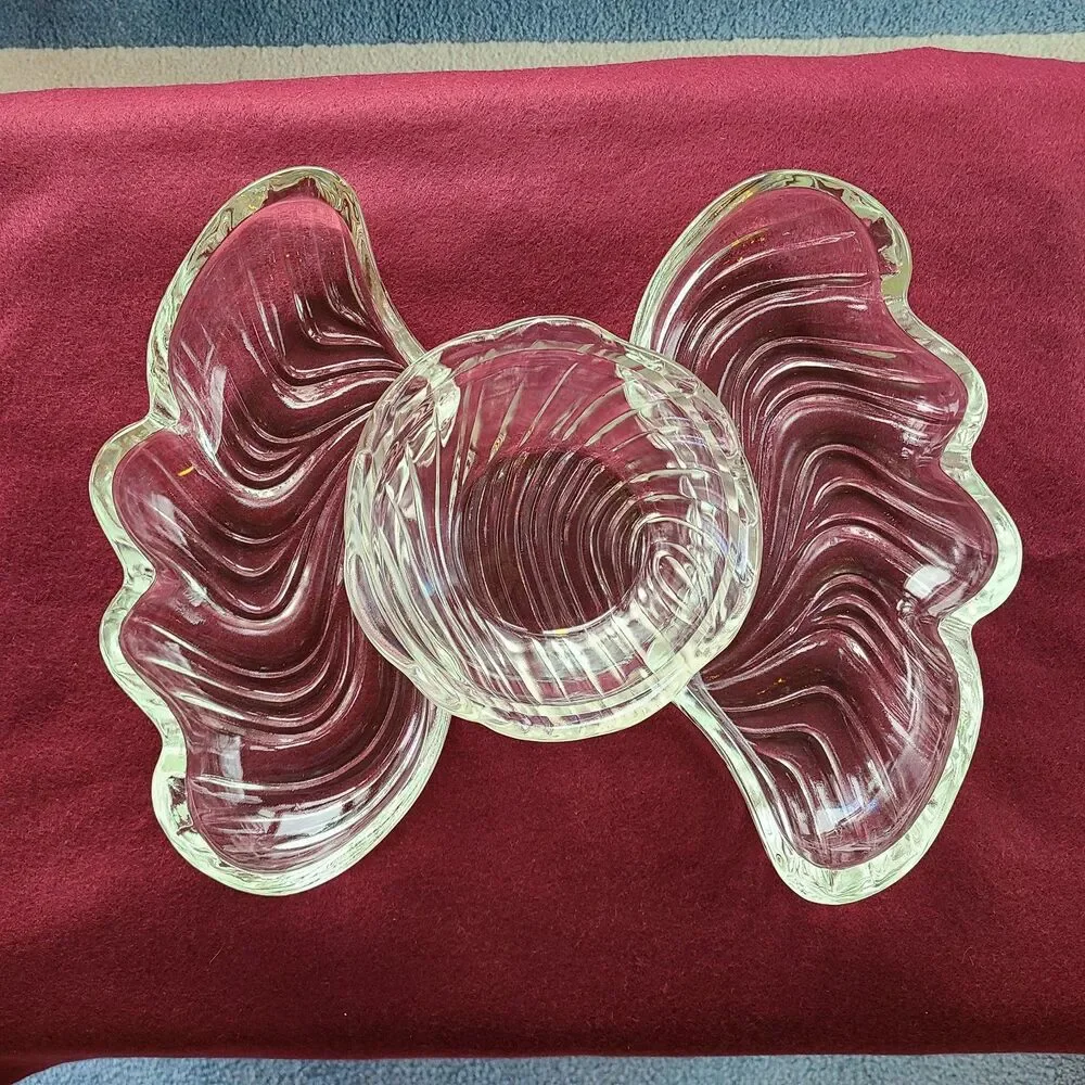 Vintage 1960s Kromex Holiday Giftware Crystal Dual Shell Dishes & Bowl Glass Set